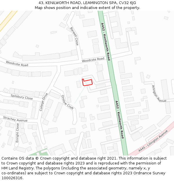 43, KENILWORTH ROAD, LEAMINGTON SPA, CV32 6JG: Location map and indicative extent of plot