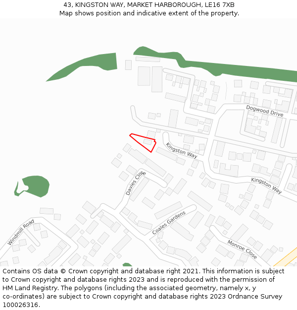 43, KINGSTON WAY, MARKET HARBOROUGH, LE16 7XB: Location map and indicative extent of plot