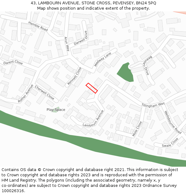 43, LAMBOURN AVENUE, STONE CROSS, PEVENSEY, BN24 5PQ: Location map and indicative extent of plot