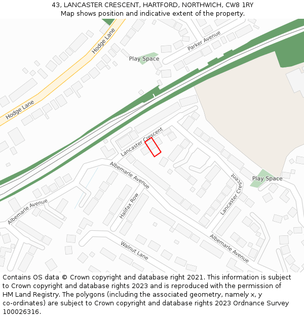 43, LANCASTER CRESCENT, HARTFORD, NORTHWICH, CW8 1RY: Location map and indicative extent of plot