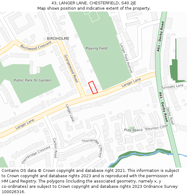 43, LANGER LANE, CHESTERFIELD, S40 2JE: Location map and indicative extent of plot