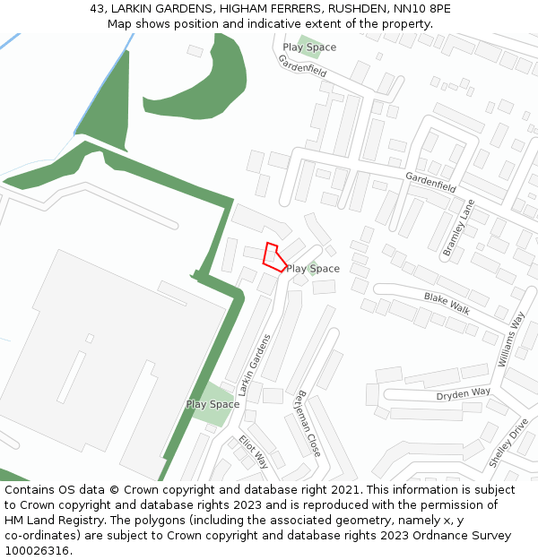 43, LARKIN GARDENS, HIGHAM FERRERS, RUSHDEN, NN10 8PE: Location map and indicative extent of plot