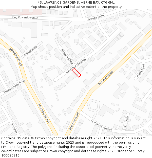 43, LAWRENCE GARDENS, HERNE BAY, CT6 6NL: Location map and indicative extent of plot