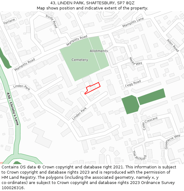 43, LINDEN PARK, SHAFTESBURY, SP7 8QZ: Location map and indicative extent of plot