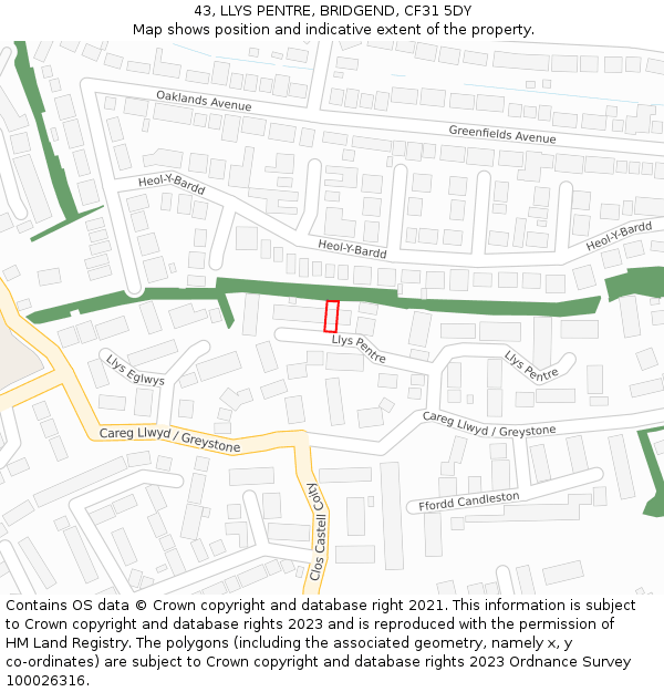 43, LLYS PENTRE, BRIDGEND, CF31 5DY: Location map and indicative extent of plot