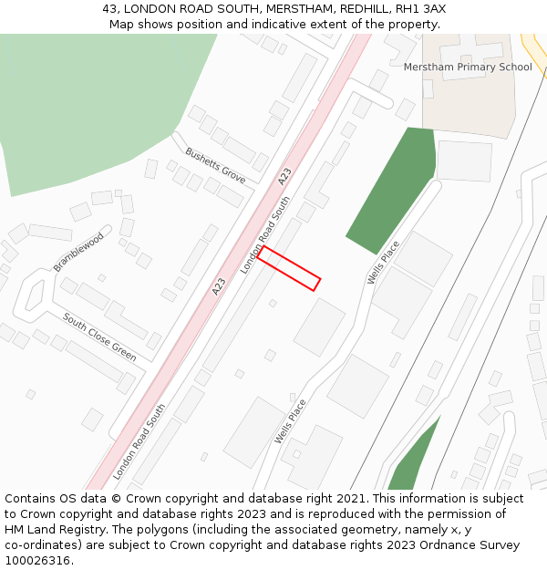 43, LONDON ROAD SOUTH, MERSTHAM, REDHILL, RH1 3AX: Location map and indicative extent of plot