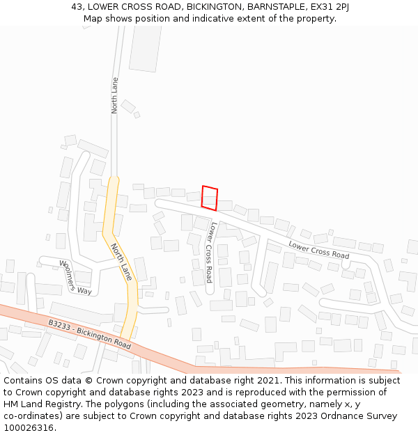 43, LOWER CROSS ROAD, BICKINGTON, BARNSTAPLE, EX31 2PJ: Location map and indicative extent of plot