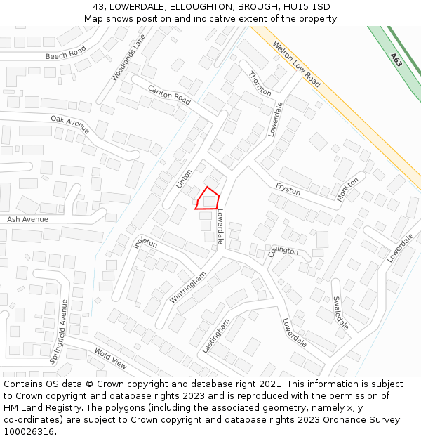 43, LOWERDALE, ELLOUGHTON, BROUGH, HU15 1SD: Location map and indicative extent of plot