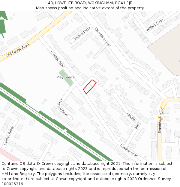 43, LOWTHER ROAD, WOKINGHAM, RG41 1JB: Location map and indicative extent of plot