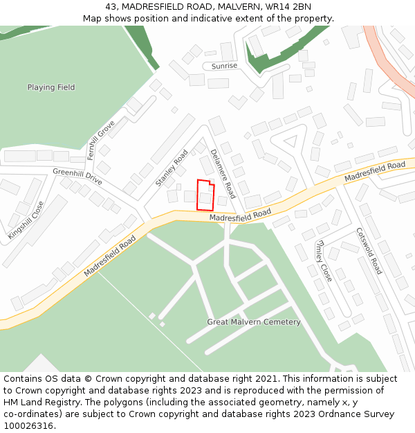 43, MADRESFIELD ROAD, MALVERN, WR14 2BN: Location map and indicative extent of plot