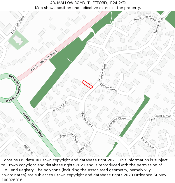43, MALLOW ROAD, THETFORD, IP24 2YD: Location map and indicative extent of plot