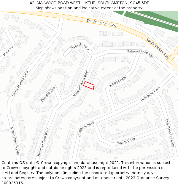 43, MALWOOD ROAD WEST, HYTHE, SOUTHAMPTON, SO45 5DF: Location map and indicative extent of plot