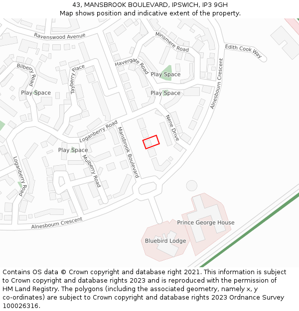 43, MANSBROOK BOULEVARD, IPSWICH, IP3 9GH: Location map and indicative extent of plot
