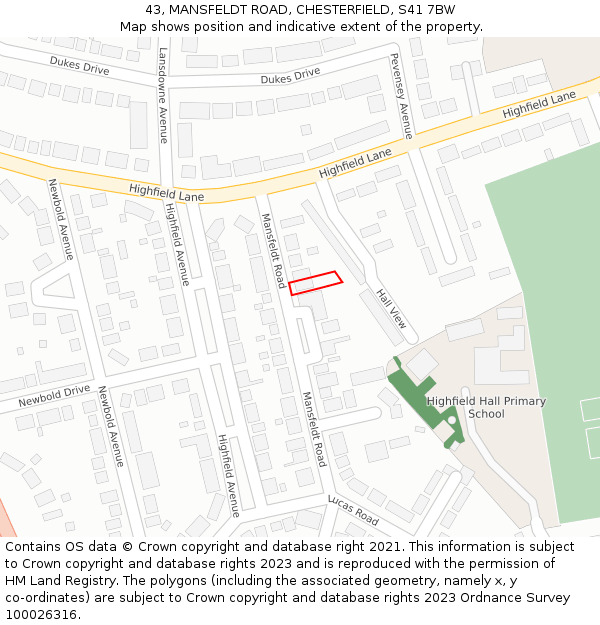 43, MANSFELDT ROAD, CHESTERFIELD, S41 7BW: Location map and indicative extent of plot