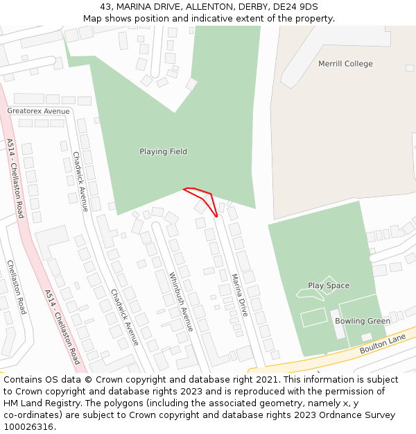 43, MARINA DRIVE, ALLENTON, DERBY, DE24 9DS: Location map and indicative extent of plot