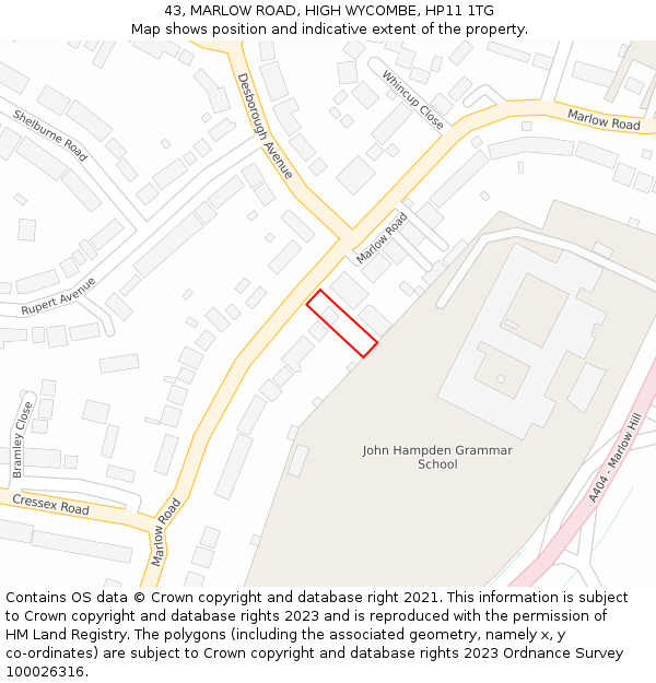 43, MARLOW ROAD, HIGH WYCOMBE, HP11 1TG: Location map and indicative extent of plot