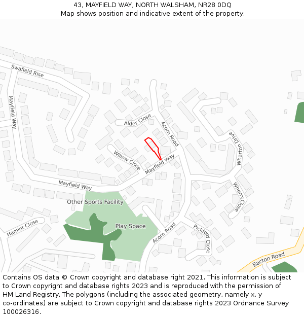 43, MAYFIELD WAY, NORTH WALSHAM, NR28 0DQ: Location map and indicative extent of plot