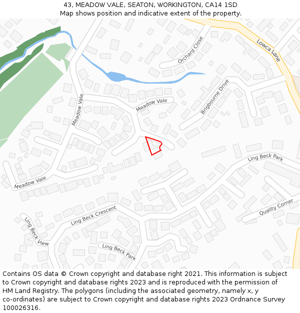 43, MEADOW VALE, SEATON, WORKINGTON, CA14 1SD: Location map and indicative extent of plot