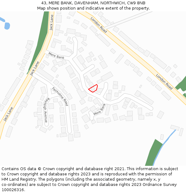 43, MERE BANK, DAVENHAM, NORTHWICH, CW9 8NB: Location map and indicative extent of plot