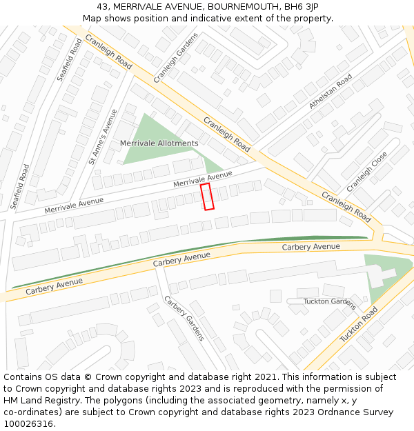 43, MERRIVALE AVENUE, BOURNEMOUTH, BH6 3JP: Location map and indicative extent of plot