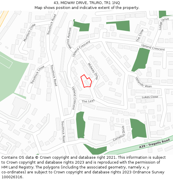 43, MIDWAY DRIVE, TRURO, TR1 1NQ: Location map and indicative extent of plot