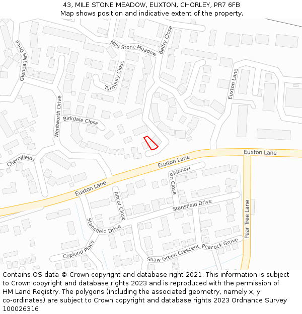 43, MILE STONE MEADOW, EUXTON, CHORLEY, PR7 6FB: Location map and indicative extent of plot