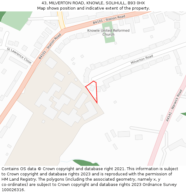 43, MILVERTON ROAD, KNOWLE, SOLIHULL, B93 0HX: Location map and indicative extent of plot