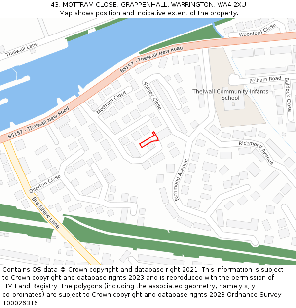 43, MOTTRAM CLOSE, GRAPPENHALL, WARRINGTON, WA4 2XU: Location map and indicative extent of plot