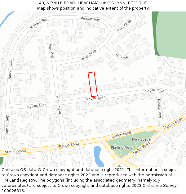 43, NEVILLE ROAD, HEACHAM, KING'S LYNN, PE31 7HB: Location map and indicative extent of plot