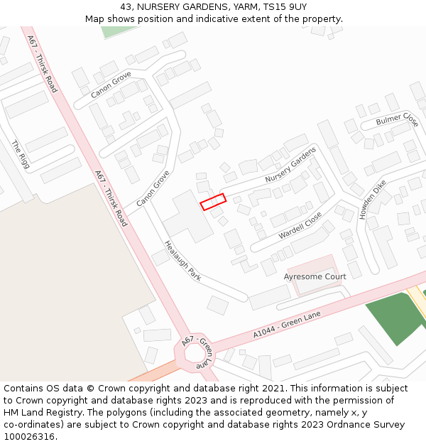 43, NURSERY GARDENS, YARM, TS15 9UY: Location map and indicative extent of plot