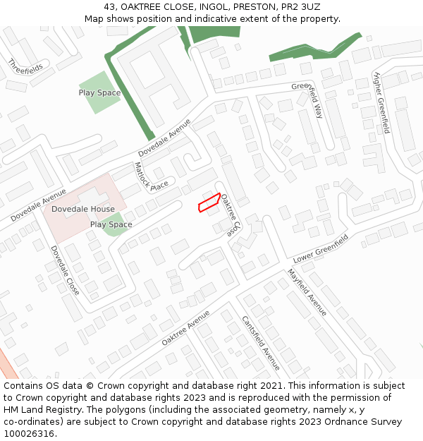 43, OAKTREE CLOSE, INGOL, PRESTON, PR2 3UZ: Location map and indicative extent of plot