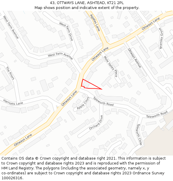 43, OTTWAYS LANE, ASHTEAD, KT21 2PL: Location map and indicative extent of plot
