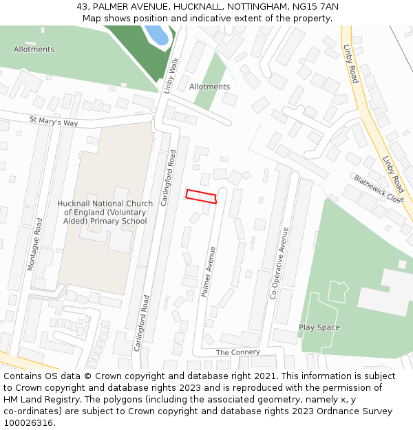 43, PALMER AVENUE, HUCKNALL, NOTTINGHAM, NG15 7AN: Location map and indicative extent of plot