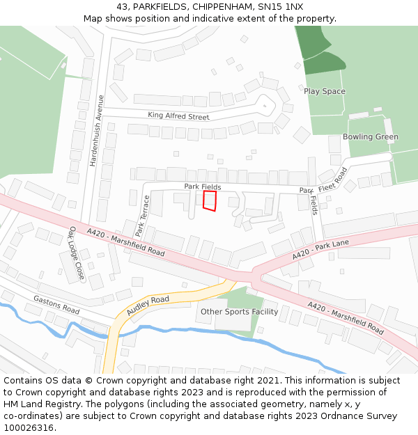 43, PARKFIELDS, CHIPPENHAM, SN15 1NX: Location map and indicative extent of plot