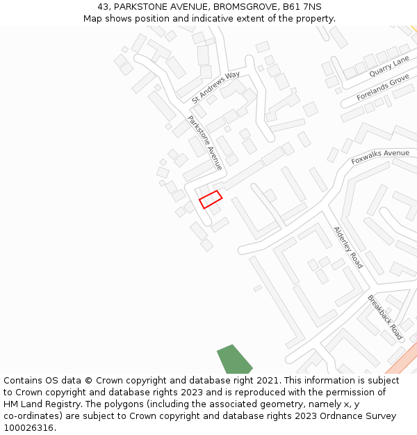 43, PARKSTONE AVENUE, BROMSGROVE, B61 7NS: Location map and indicative extent of plot
