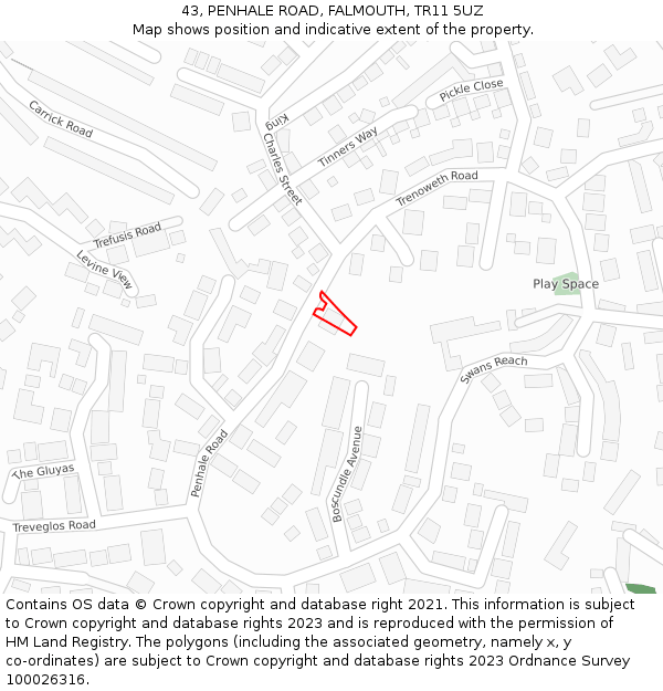 43, PENHALE ROAD, FALMOUTH, TR11 5UZ: Location map and indicative extent of plot