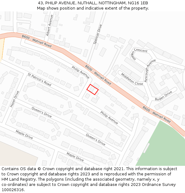 43, PHILIP AVENUE, NUTHALL, NOTTINGHAM, NG16 1EB: Location map and indicative extent of plot