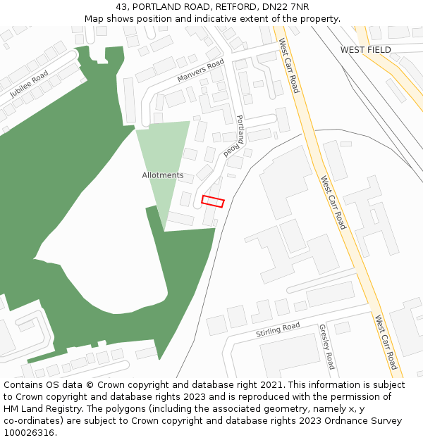 43, PORTLAND ROAD, RETFORD, DN22 7NR: Location map and indicative extent of plot
