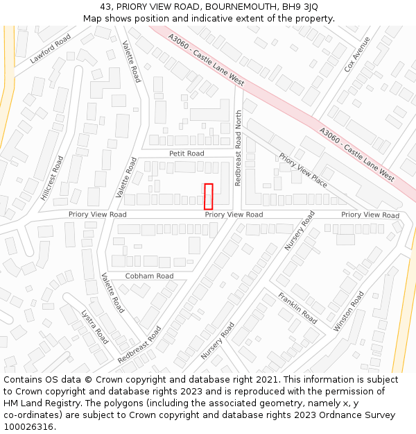 43, PRIORY VIEW ROAD, BOURNEMOUTH, BH9 3JQ: Location map and indicative extent of plot