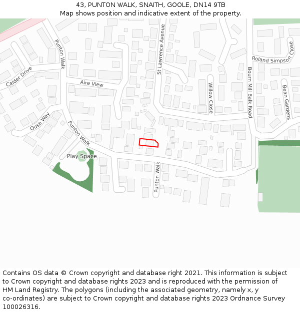 43, PUNTON WALK, SNAITH, GOOLE, DN14 9TB: Location map and indicative extent of plot