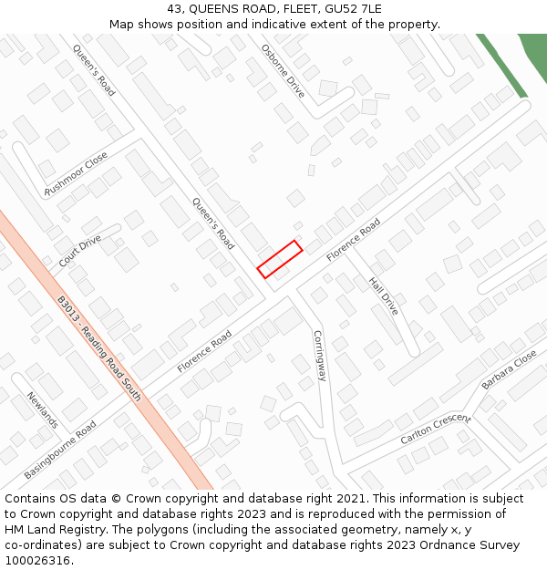 43, QUEENS ROAD, FLEET, GU52 7LE: Location map and indicative extent of plot
