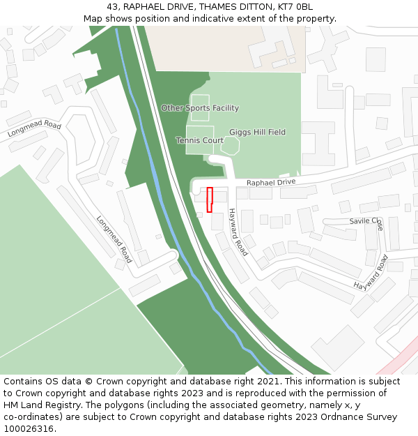 43, RAPHAEL DRIVE, THAMES DITTON, KT7 0BL: Location map and indicative extent of plot