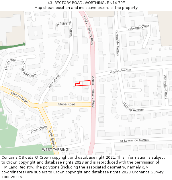 43, RECTORY ROAD, WORTHING, BN14 7PE: Location map and indicative extent of plot