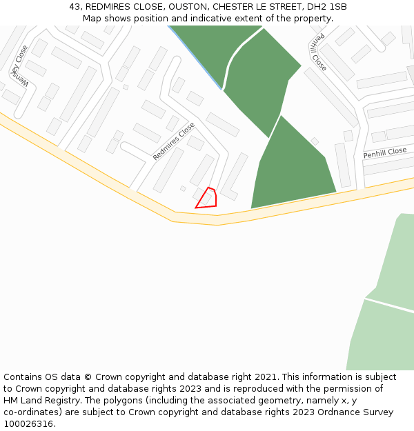 43, REDMIRES CLOSE, OUSTON, CHESTER LE STREET, DH2 1SB: Location map and indicative extent of plot