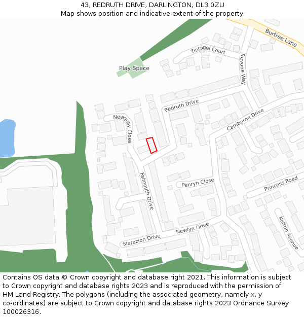 43, REDRUTH DRIVE, DARLINGTON, DL3 0ZU: Location map and indicative extent of plot