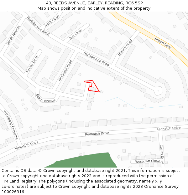 43, REEDS AVENUE, EARLEY, READING, RG6 5SP: Location map and indicative extent of plot