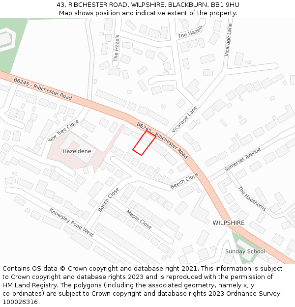 43, RIBCHESTER ROAD, WILPSHIRE, BLACKBURN, BB1 9HU: Location map and indicative extent of plot