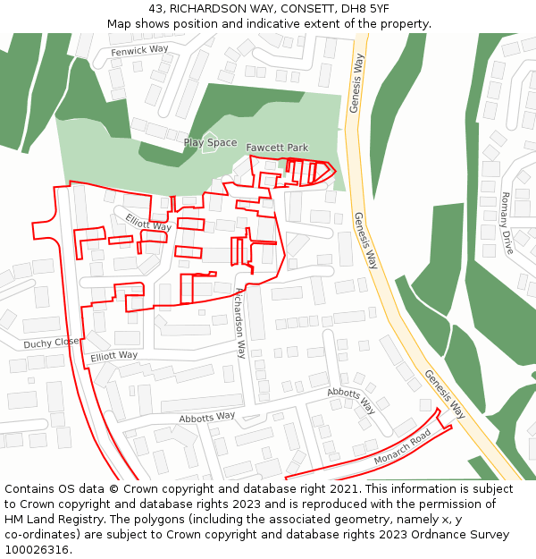 43, RICHARDSON WAY, CONSETT, DH8 5YF: Location map and indicative extent of plot