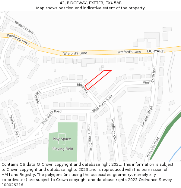 43, RIDGEWAY, EXETER, EX4 5AR: Location map and indicative extent of plot