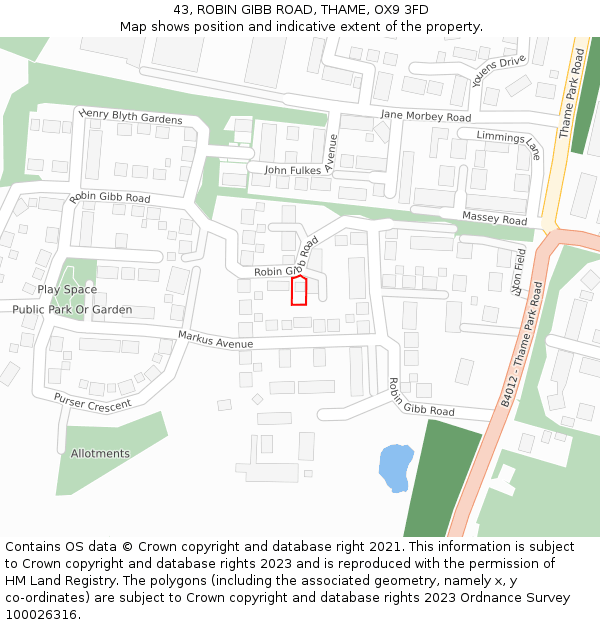 43, ROBIN GIBB ROAD, THAME, OX9 3FD: Location map and indicative extent of plot